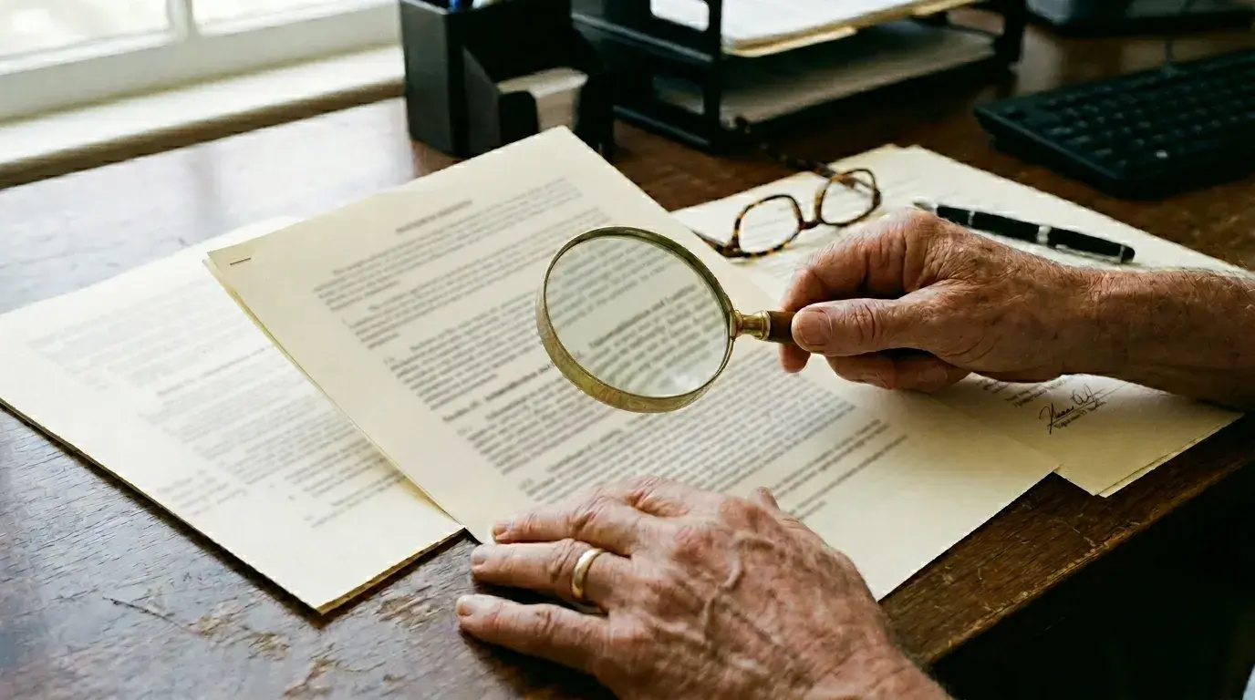 Person studiert Bonusbedingungen mit Lupe über einem Vertragsdokument