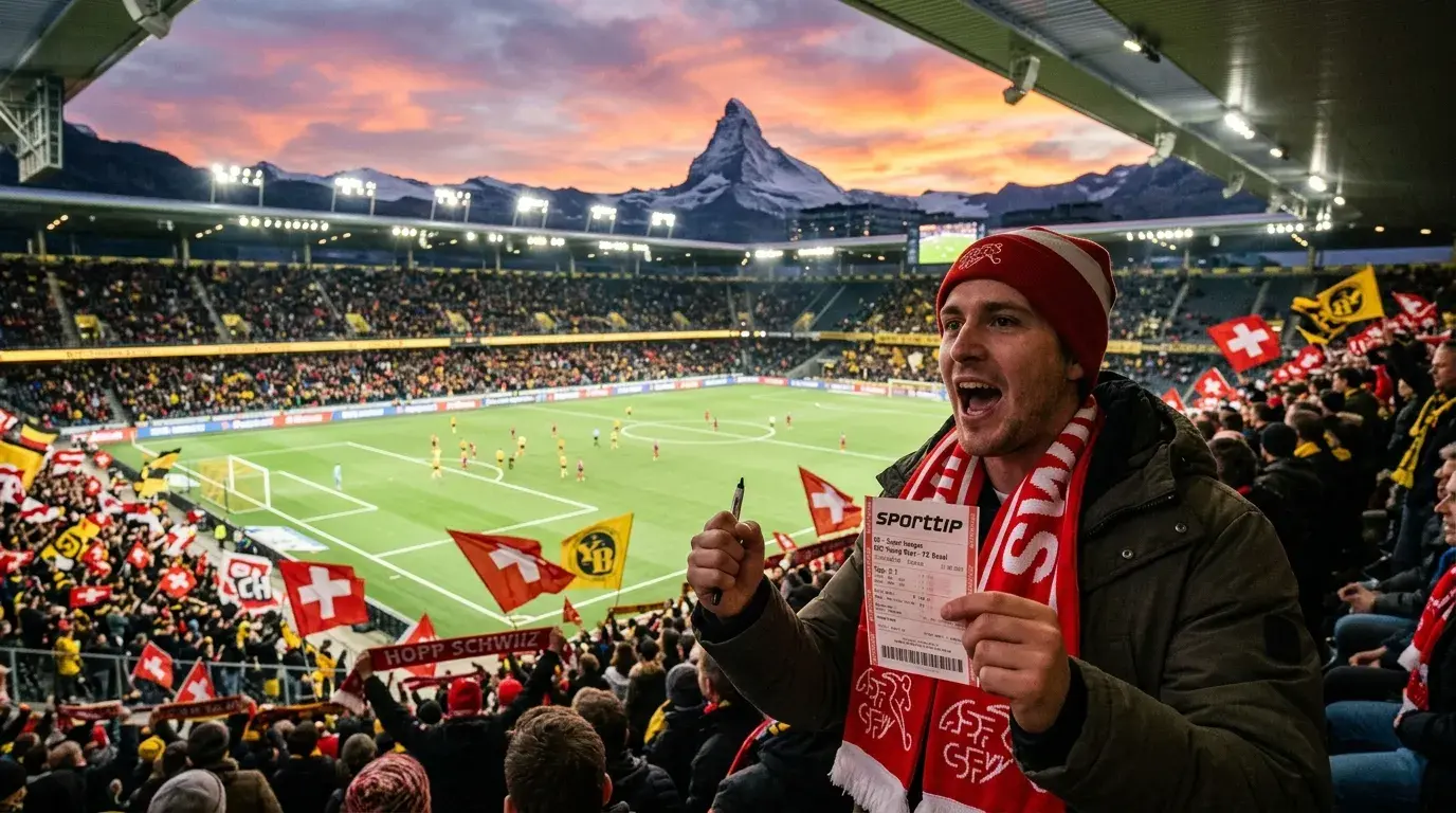 Sportwetten in der Schweiz mit Blick auf die Alpen und ein Fussballstadion