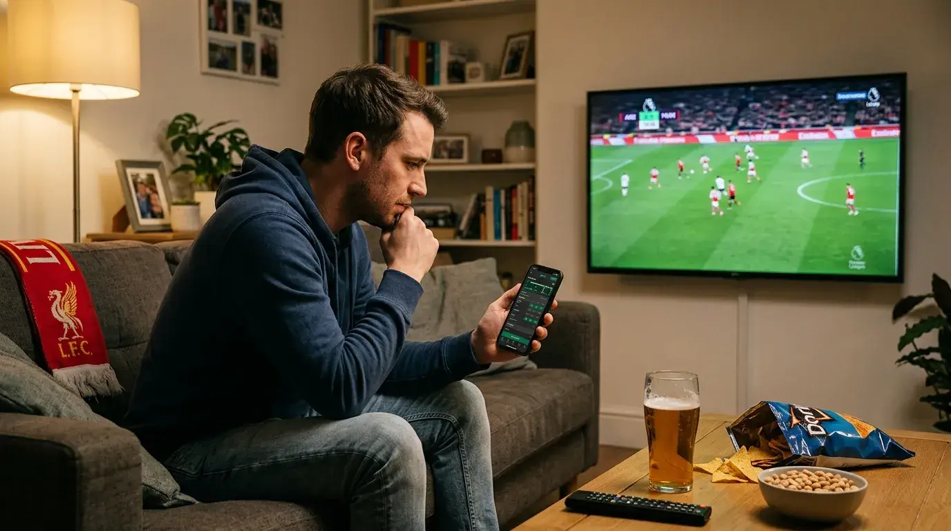 Person verfolgt Live-Wetten auf dem Smartphone während eines Fussballspiels