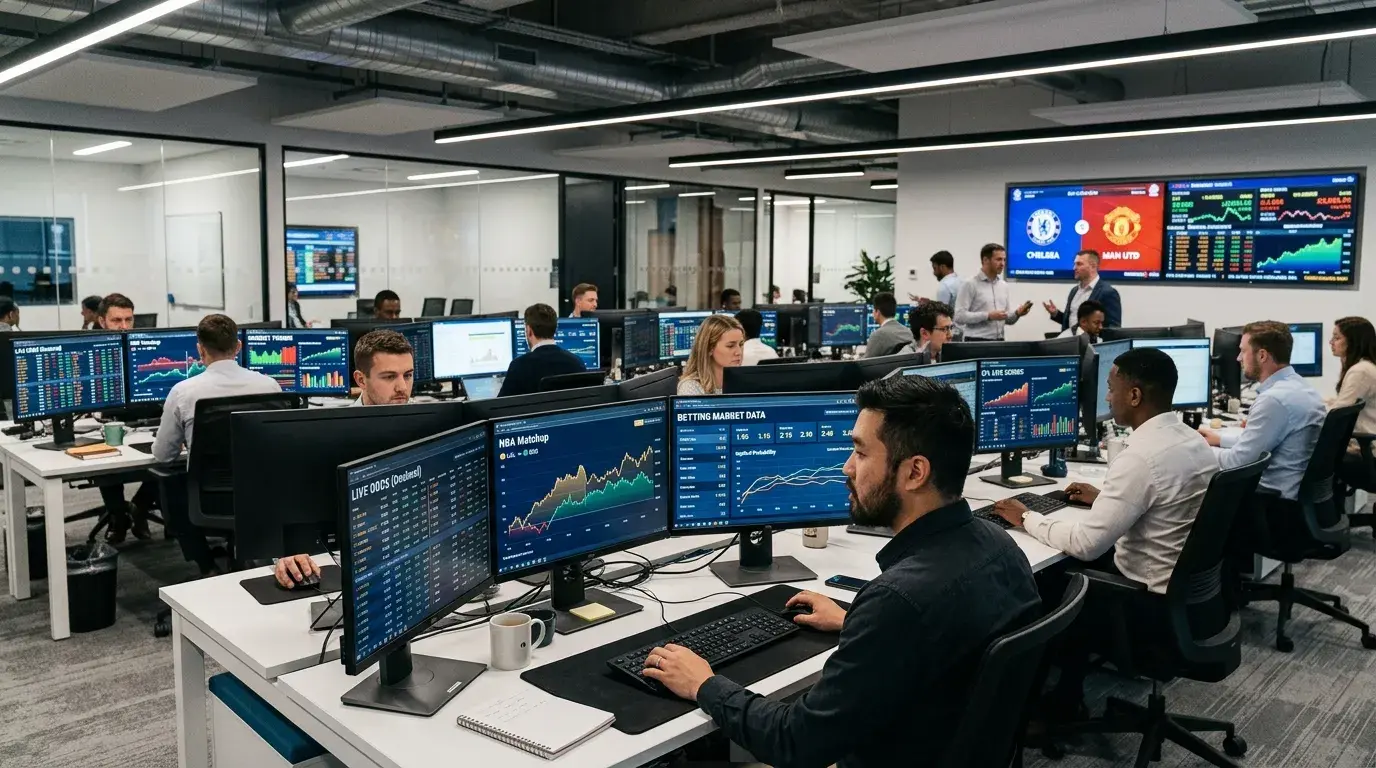Analysten arbeiten an Bildschirmen mit Sportwetten-Daten
