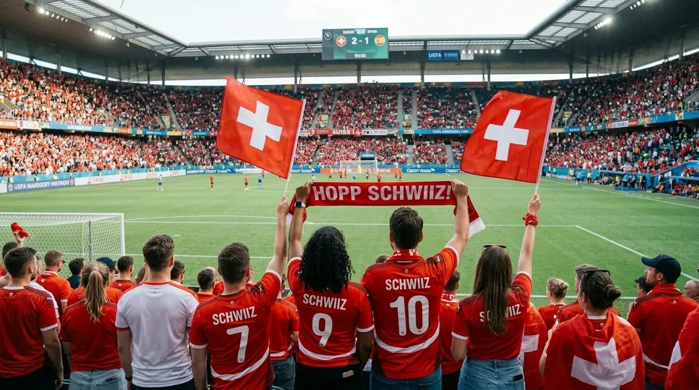 Schweizer Fussballfans jubeln im Stadion bei einem Spiel