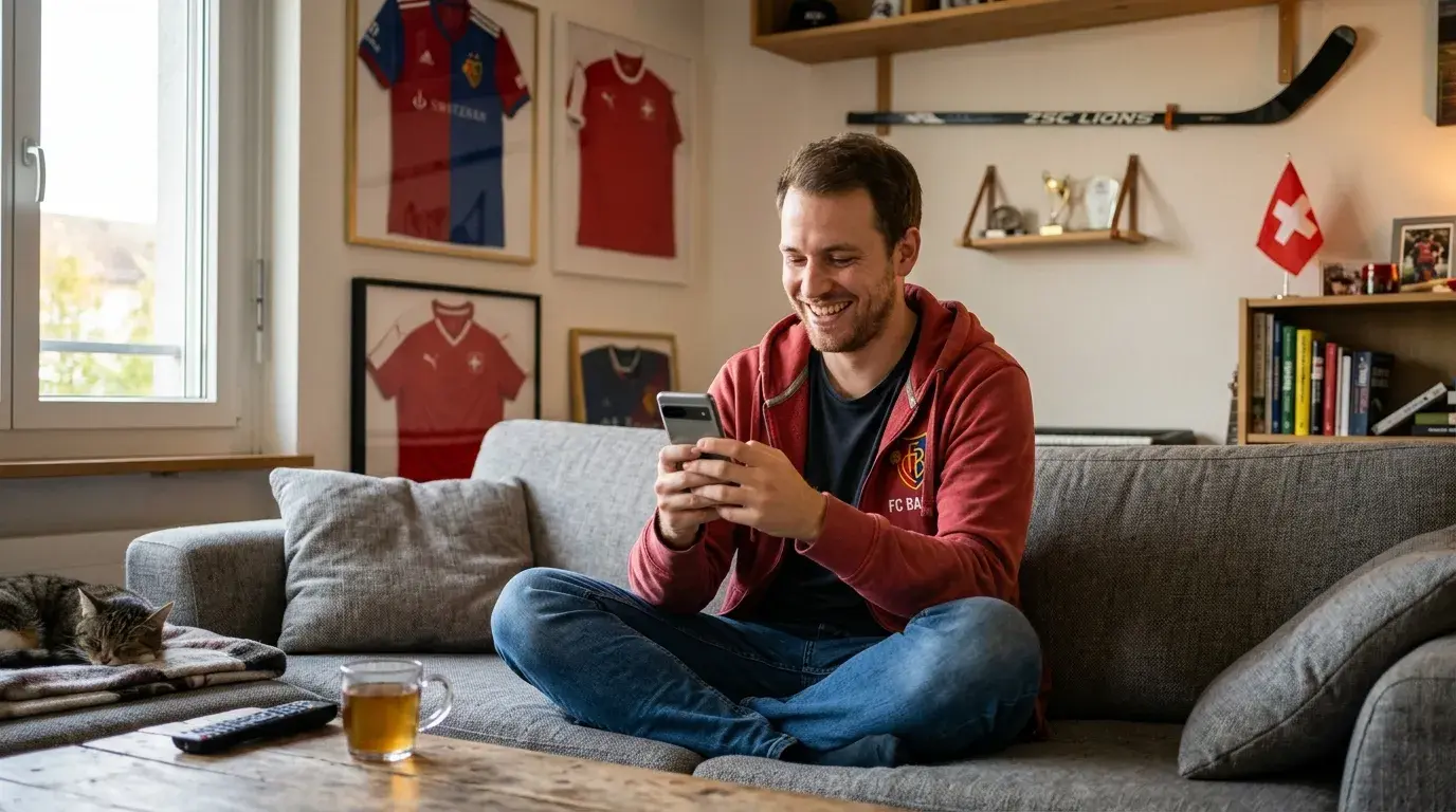 Zufriedener Schweizer Sportfan mit Smartphone