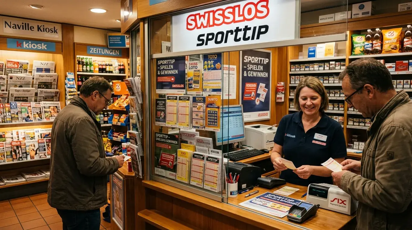 Swisslos Sporttip Verkaufsstelle in einem Schweizer Kiosk