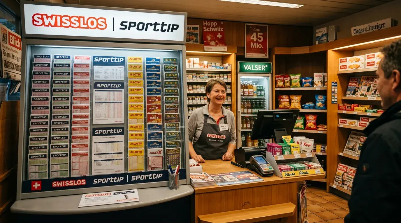 Swisslos Sporttip Verkaufsstelle in einem Schweizer Kiosk