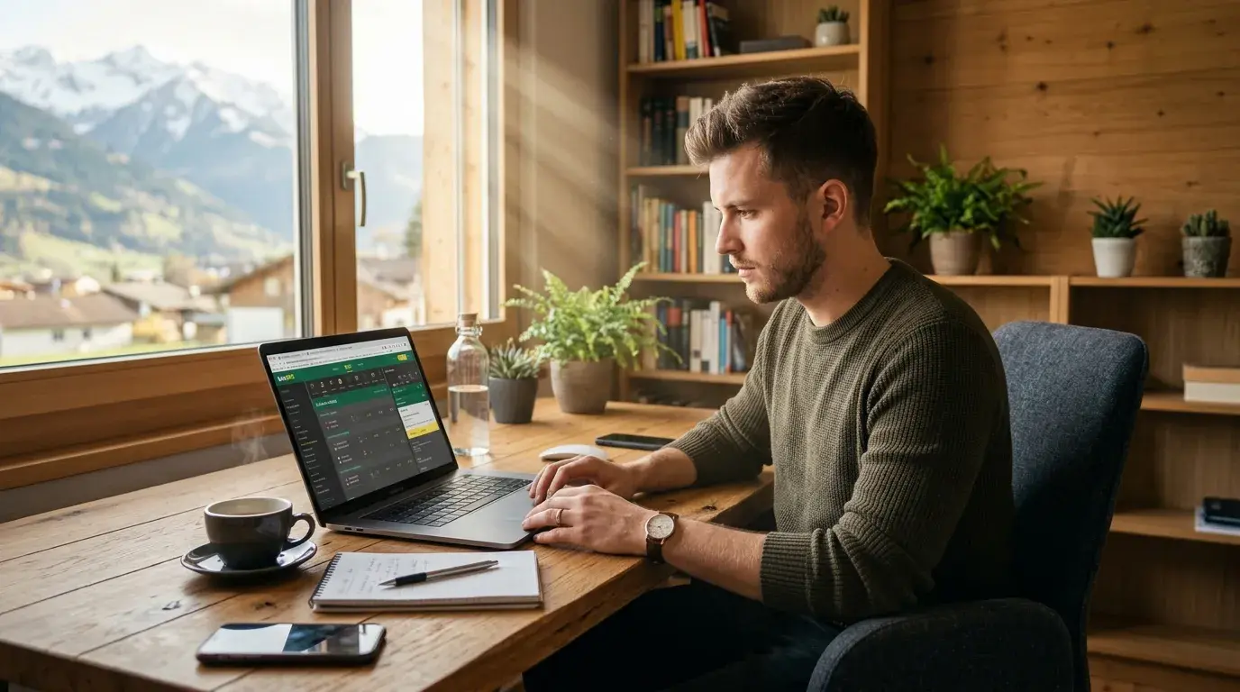 Schweizer Sportwetten-Fan analysiert Wettangebote auf dem Laptop
