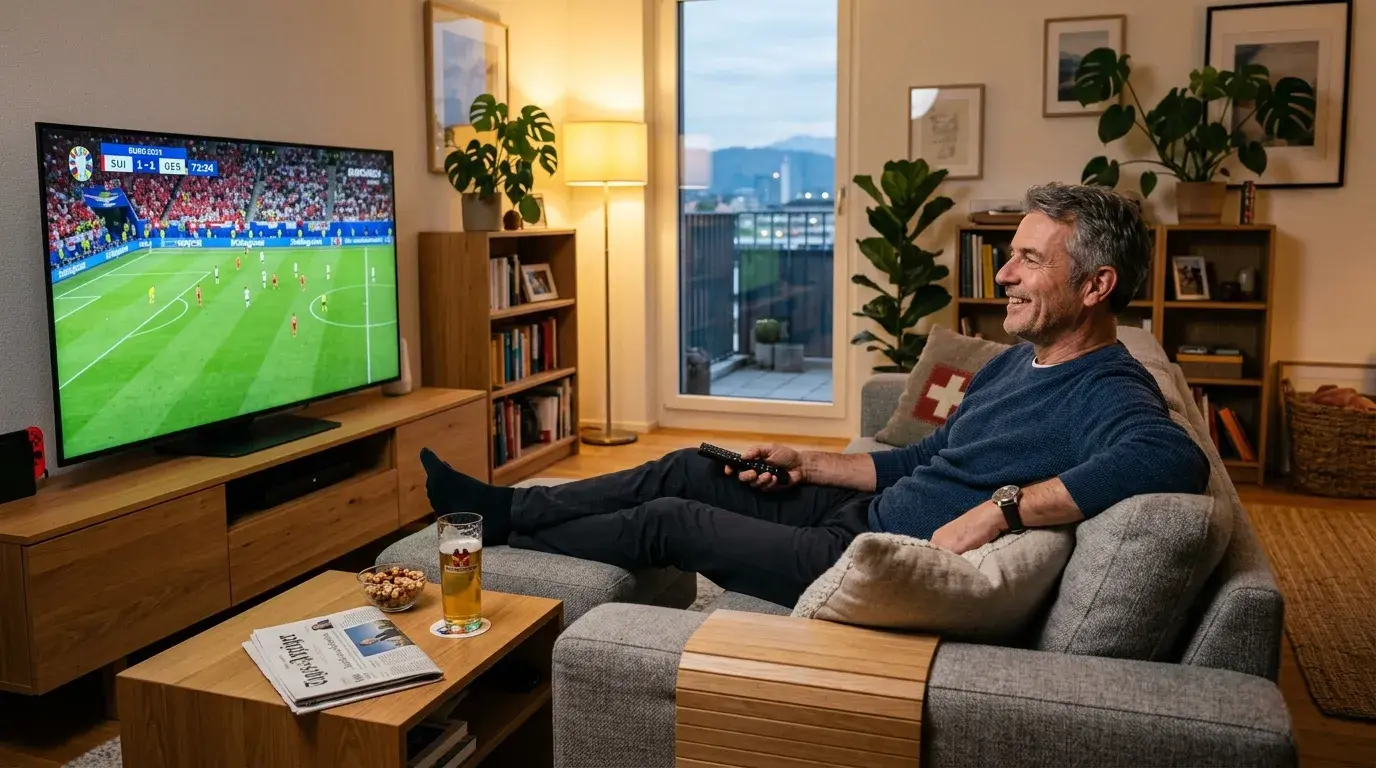 Person geniesst entspannt ein Fussballspiel im Wohnzimmer