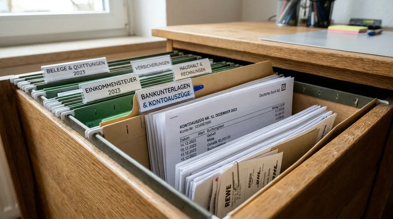 Ordner mit Dokumenten zur Steuererklärung und Gewinnnachweis