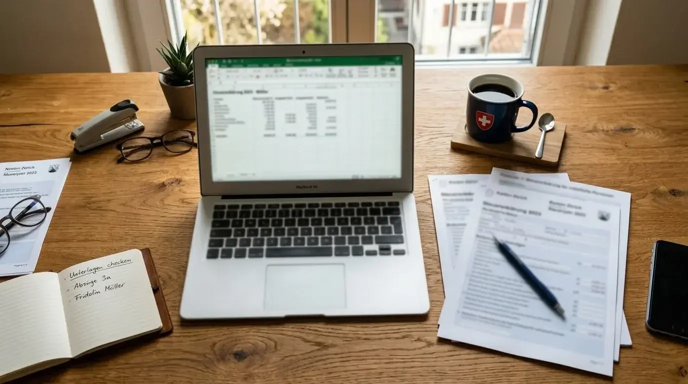 Schweizer Steuerformulare und Unterlagen auf einem Schreibtisch