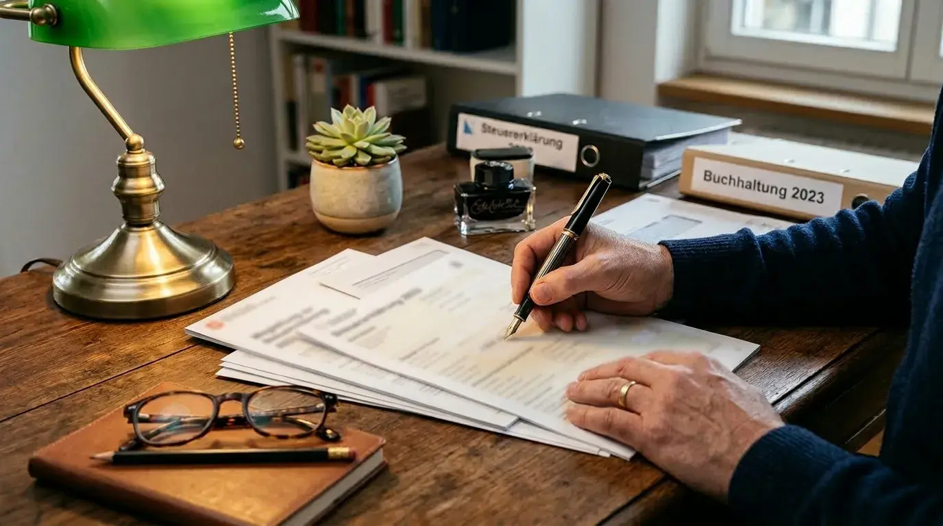 Person füllt Steuerformulare aus mit Dokumenten und einem Stift auf dem Schreibtisch