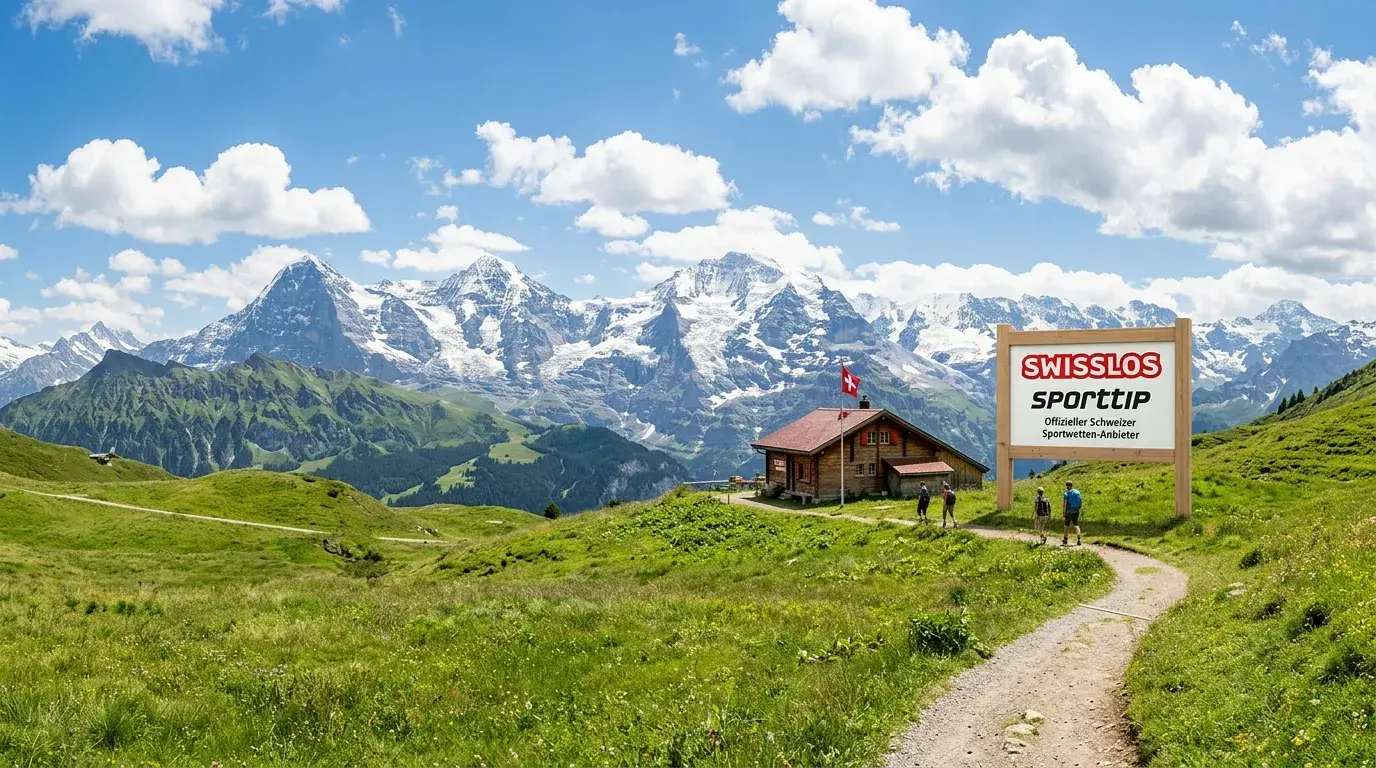 Swisslos Sporttip Logo vor Schweizer Alpenlandschaft