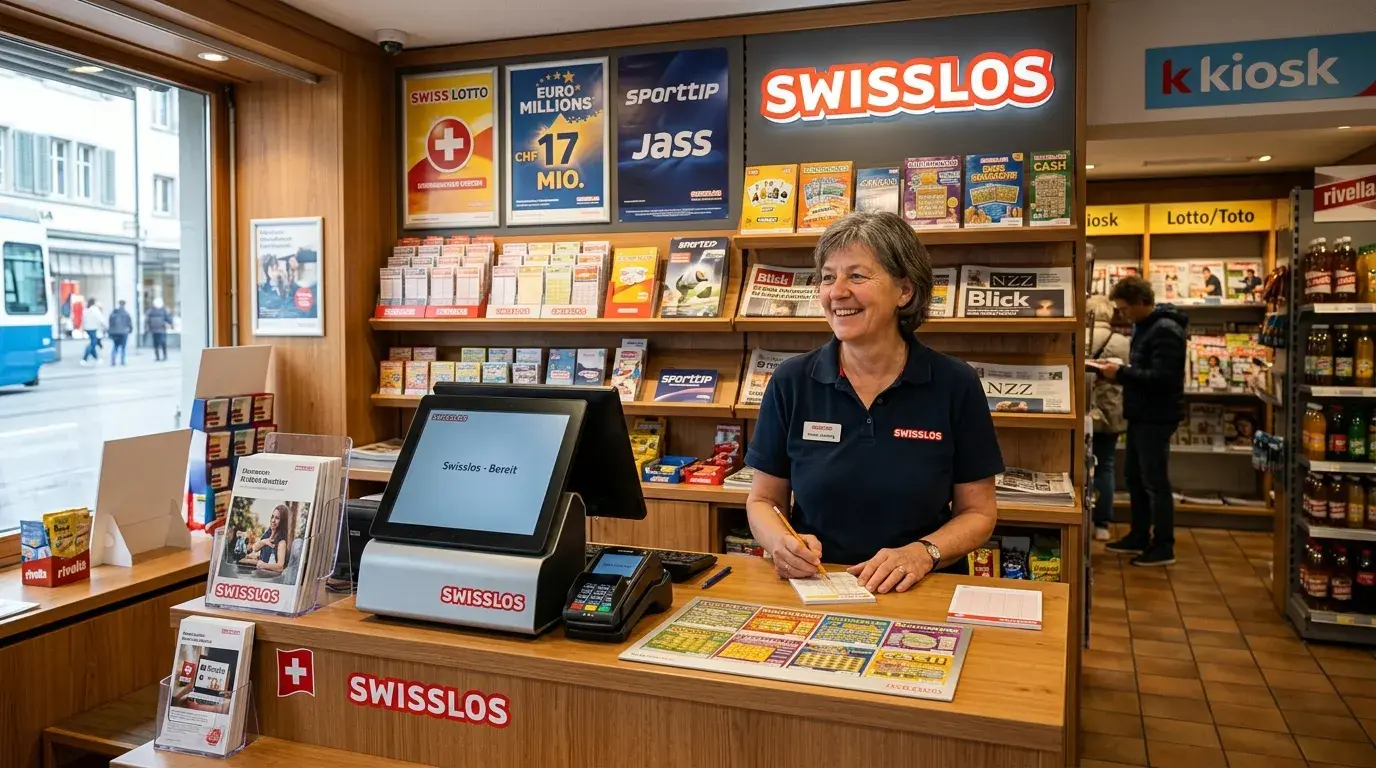 Eine Swisslos Verkaufsstelle in der Schweiz mit Sporttip Werbematerial